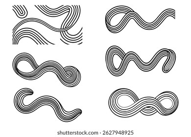 Explore dynamic abstract designs with wavy vector arcs, symmetrical black lines, and concentric curved shapes. Perfect for modern art and digital projects.