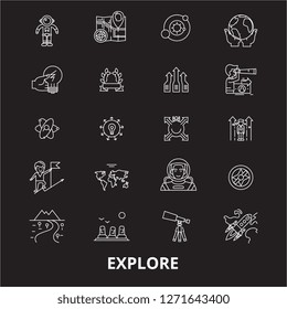 Explore editable line icons vector set on black background. Explore white outline illustrations, signs, symbols