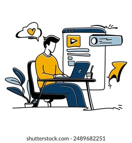 Explore the elegance of simplicity in Content Creation with a minimalist flat illustration of a creator engrossed in writing a blog post