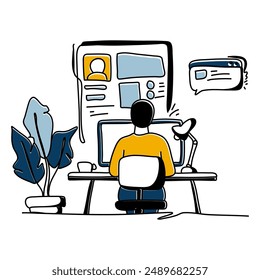 Explore the elegance of simplicity in Content Creation with a minimalist flat illustration of a creator engrossed in writing a blog post