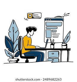 Explore the elegance of simplicity in Content Creation with a minimalist flat illustration of a creator engrossed in writing a blog post