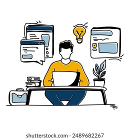 Explore the elegance of simplicity in Content Creation with a minimalist flat illustration of a creator engrossed in writing a blog post