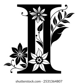 Explore uma elegante ilustração vetorial da letra maiúscula I com desenhos florais. Ideal para logotipos, ícones, silhuetas, clipart e arte em linha, perfeito para projetos decorativos e criativos.