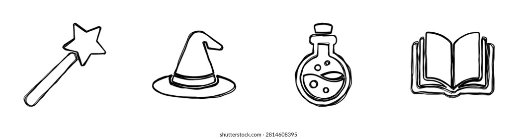 Explore enchanting line art featuring a wand, witch hat, potion bottle, and spellbook for creativity