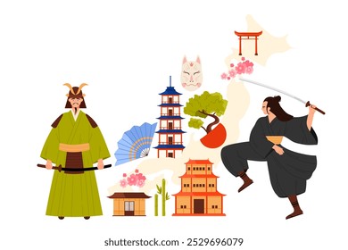 Explore the essence of Japanese culture through captivating illustrated samurai and traditional elements vector illustration