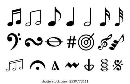 Explore essential music icons set. Notes, clefs and symbols for composition. Perfect for musicians and audio interfaces.