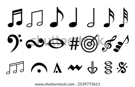 Explore essential music icons set. Notes, clefs and symbols for composition. Perfect for musicians and audio interfaces.