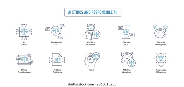 Explore the ethical aspects of AI and responsible AI development with this subset. Icons include AI ethics guidelines responsible practices, and fairness.