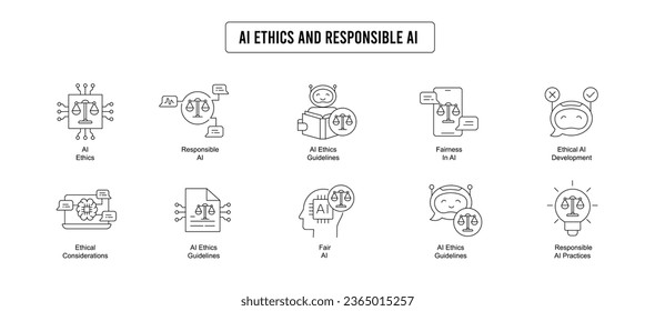 Explore the ethical aspects of AI and responsible AI development with this subset. Icons include AI ethics guidelines responsible practices, and fairness.