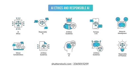 Explore los aspectos éticos de la IA y el desarrollo responsable de la IA con este subconjunto. Los iconos incluyen directrices éticas de IA prácticas responsables y equidad.