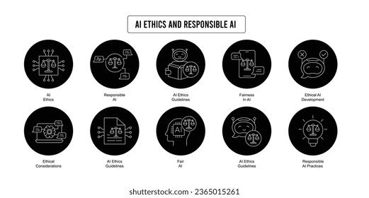 Explore the ethical aspects of AI and responsible AI development with this subset. Icons include AI ethics guidelines responsible practices, and fairness.
