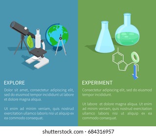 Explore and experiment template vector poster of two parts with test tubes set, black telescope and microscope above written texts