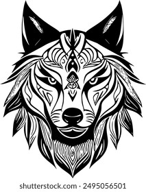 Explore the fierce beauty of nature with this tribal soul-animal wolf head vector design. Perfect for adding a bold, artistic touch to your projects. Intricate details and vibrant style await! #15of20