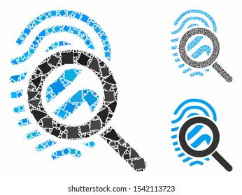 Explore fingerprint composition of raggy parts in different sizes and color hues, based on explore fingerprint icon. Vector uneven elements are combined into collage.