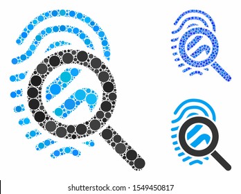 Explore fingerprint composition of round dots in different sizes and color tints, based on explore fingerprint icon. Vector round elements are united into blue composition.