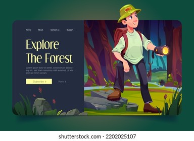 Explore forest banner with man traveler on summer glade. Woods landscape with water stream, path, green trees and tourist character with flashlight and backpack, Vector cartoon illustration