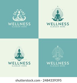 Explore four vector logos for a wellness business featuring a woman in lotus pose, symbolizing serenity and health. Ideal for yoga studios and holistic health practices.