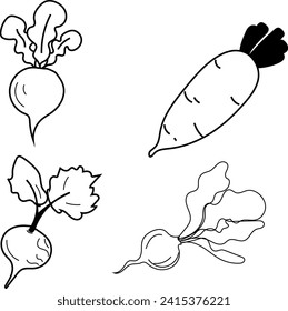 Explore el frescor de las verduras monocromáticas con este cuarteto de rábanos en lino vectorial blanco y negro. Ideal para los diseños culinarios.