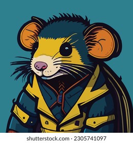 Explore the fusion cuteness   pop culture by illustrating rat in flat pop art style  incorporating iconic symbols references from popular culture in the artwork