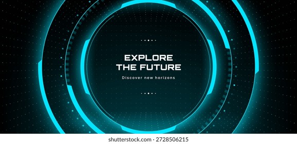 Explore the future on a digital HUD interface. Abstract tech background with glowing circles and dots for data visualization.