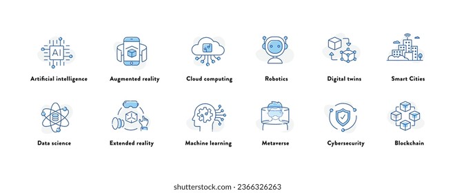 Explore the future of technology with this comprehensive icon set. From robotics and machine learning to blockchain and artificial intelligence.