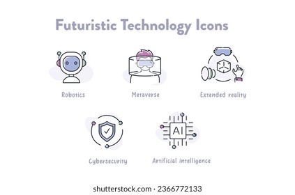 Explore the future with this collection of cutting-edge technology icons. From robotics to metaverse, these symbols represent the forefront of innovation and digital advancement.