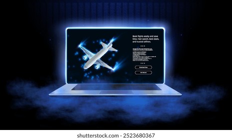 Explore the future of travel with advanced booking technology showcasing an illuminated airplane on a sleek laptop screen