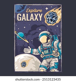 Explorar Galaxy Astronaut Spaceship Meteor Saturn Planet Poster in Hand Drawn Vetor Cartoon Illustration Design