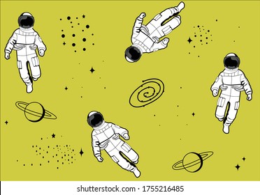 explore the galaxy Astronaut in spacesuit, black vector boy man fashion seamless pattern for fashion and stationary wallpaper decorative design hand drawn illustration 