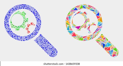 Explore gears mosaic icon of triangle elements which have variable sizes and shapes and colors. Geometric abstract vector illustration of explore gears.