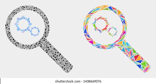 Explore gears mosaic icon of triangle elements which have variable sizes and shapes and colors. Geometric abstract vector illustration of explore gears.