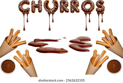 Explore the gourmet world of churros with this irresistible design. The word "churros" comes to life as a delicious chocolate cake, creating a visual invitation to indulgence. In each corner, crispy, 