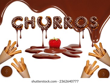 Explore the gourmet world of churros with this irresistible design. The word "churros" comes to life as a delicious chocolate cake, creating a visual invitation to indulgence. In each corner, 