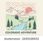 Explore graphic print design for apparel. Mounting summer adventure artwork for t shirt , sweatshirt, poster, sticker and others. Colorado national park artwork.