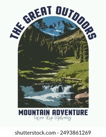 Explore graphic print design for apparel, The great outdoors vector print design for t-shirt,  Outdoor at the mountain retro print design for t shirt and others, Outdoor vintage graphic print design. 