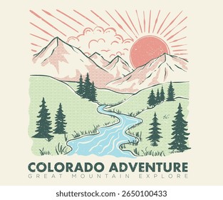 Explore graphic print design for apparel. Mounting summer adventure artwork for t shirt , sweatshirt, poster, sticker and others. Colorado national park artwork.