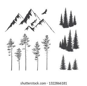 Explore graphic vector illustration of landscape elements, mountains and trees. Travel, outdoor, adventure, nature symbol. Hand drawn engraving style for tattoo, print, poster, sticker, card design.