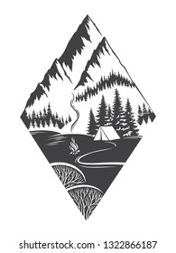 Explore graphic vector illustration with landscape: mountains, forest and tent. Travel, outdoor, adventure, nature symbol. Hand drawn engraving style for tattoo, print, poster, sticker, card design.
