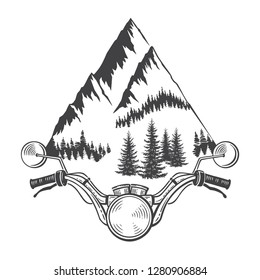 Explore graphic vector illustration of motorcycle front and mountains. Travel, outdoor, adventure symbol. Racing chopper club emblem. Hand drawn engraving style for tattoo, print, poster, sticker, car