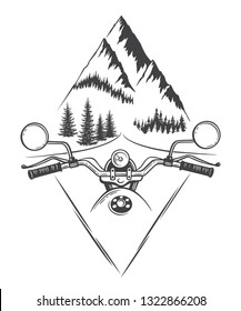 Explore graphic vector illustration of motorcycle wheel and road view. Travel, outdoor, adventure symbol. Racing chopper club emblem. Hand drawn engraving style for tattoo, print, sticker, card design