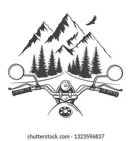 Explore graphic vector illustration of motorcycle front and mountains. Travel, outdoor, adventure symbol. Racing chopper club emblem. Hand drawn engraving style for tattoo, print, sticker design