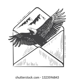 Explore graphic vector illustration with mountains and eagle in opened envelope. Travel, outdoor, adventure, nature symbol. Mail, message, delivery emblem. Hand drawn engraving style for print design