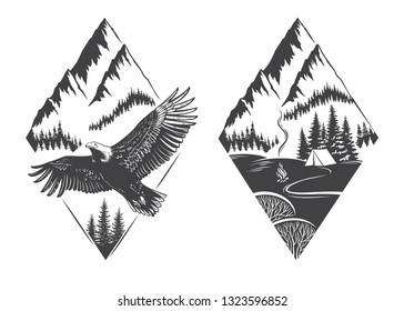 Explore graphic vector illustration with mountains, pine trees, tent and eagle. Travel, outdoor, adventure, nature symbol. Hand drawn engraving style for tattoo, print, poster, sticker, card design