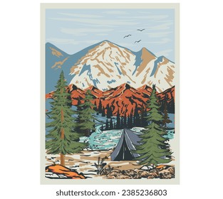 Explore the great outdoors, mountain with river. Adventure at the mountain graphic artwork for t shirt and others.  Wanderlust. Mountain with pain tree vintage print design. Snow and green Mountain.