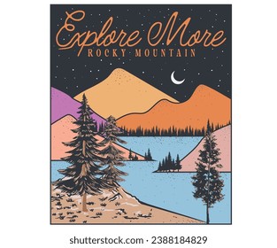 Explore the great outdoors, mountain with river. Adventure at the mountain graphic artwork for t shirt and others. Wil night with pine tree. Mountain with pain tree vintage print design. abstract art.