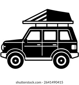 Explore the great outdoors with this striking black and white silhouette illustration of an SUV equipped for camping. 