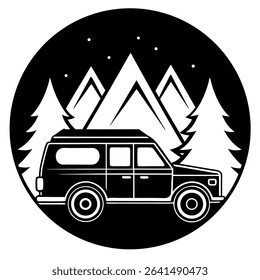 Explore the great outdoors with this striking black and white camping logo. Featuring a rugged 4x4 vehicle amidst majestic mountains and towering pine treesdesign.