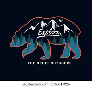 'Explore the great outdoors' vector bear badge. For t-shirt prints, posters, stickers and other uses.