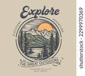 Explore the great outdoors, vector mountain with sunset and river, mountain graphic artwork for t shirt and others. Mountain with tree retro vintage print design. the great outdoors.