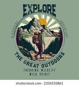 Explore the great outdoors, vector mountain with sunset and river, mountain graphic artwork for t shirt, and others. Mountain with tree retro vintage print design. the great outdoors.